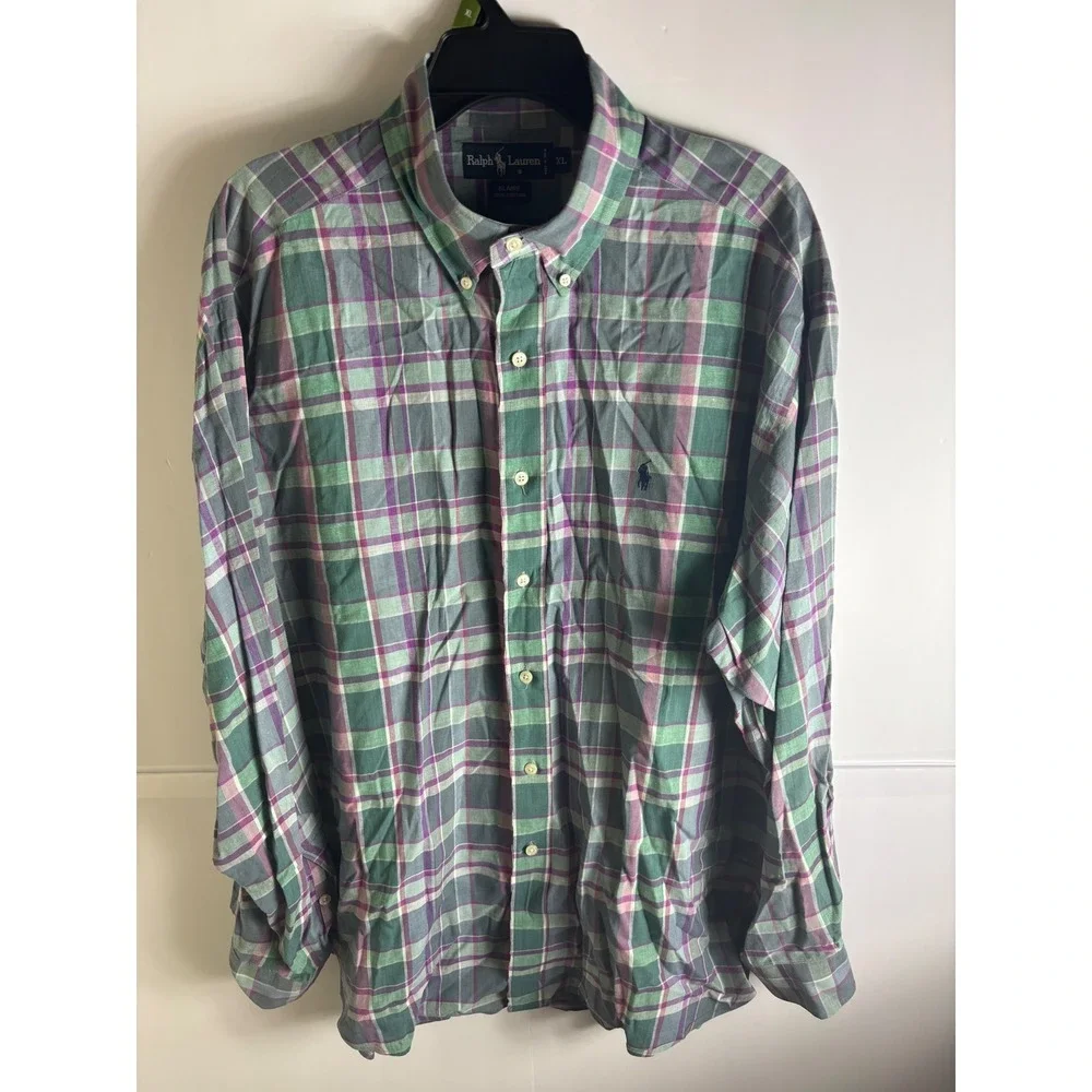 Polo Ralph Lauren Blaire Mens XL Green Purple Plaid Cotton Button Down Shirt A23
